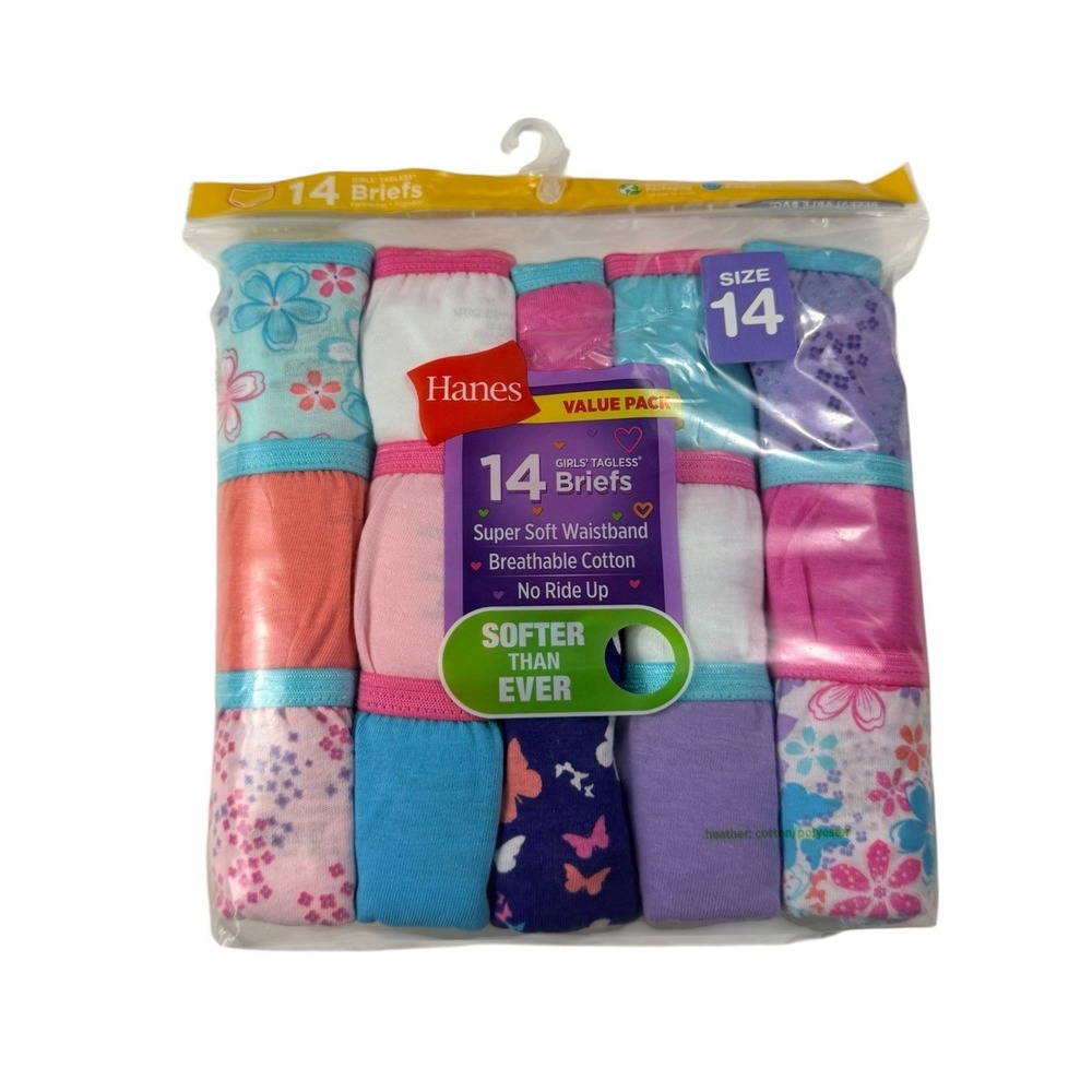 Hanes Girls Tagless Briefs Underwear 14 Pack Size 14 Multicolor Cotton New
